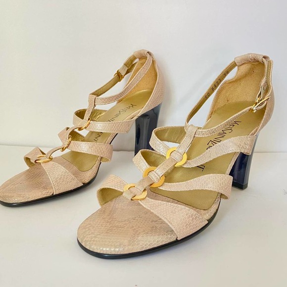 1990s Creamy Pink Yves Saint Laurent Snakeskin Heels w Gold Ring Detailing Sz 6 - Picture 1 of 4